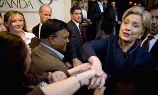 US Democratic presidential candidate Sen. Hillary Clinton (D-NY) greets supporters after a roundtable discussion at Bertha Miranda's Mexican Restaurant in Reno Jan. 12, 2008. (Xinhua/Reuters Photo)