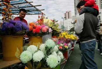 Local residents choose flowers at the New Year Fair held at the Victoria Park in Hong Kong, south China, on Feb. 3, 2008. (Xinhua Photo)