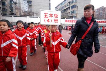 Pupils attend the opening ceremony of a new term in the First Experimental Elementary School in Guiyang, capital of southwest China's Guizhou Province, Feb. 25, 2008. More than 600,000 students of over 1200 primary and middle schools in Guiyang inaugurated new term on schedule on Monday after the area was hit by serious snow and sleet weather. (Xinhua Photo)