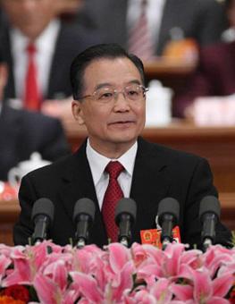Chinese Premier Wen Jiabao delivers a government work report during the opening meeting of the First Session of the 11th National People's Congress (NPC) at the Great Hall of the People in Beijing, capital of China, March 5, 2008.