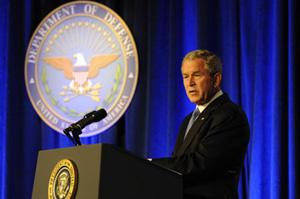 U.S. President George W. Bush defended on Wednesday the Iraq war as a "right decision" at the pentagon despite a high cost as thousands of Americans staged anti-war demonstrations across the nation to mark the war's fifth anniversary. (Xinhua Photo)