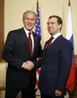 US President George W. Bush meets Russian president-elect Dmitry Medvedev at the presidential summer retreat in Sochi, Russia April 6, 2008. [Agencies]