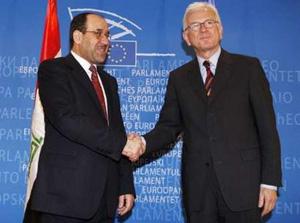 Iraq's Prime Minister Nuri al-Maliki shakes hands with European Parliament President Hans-Gert Pottering (R) before their meeting at the EU Parliament in Brussels April 16, 2008. REUTERS/Francois Lenoir