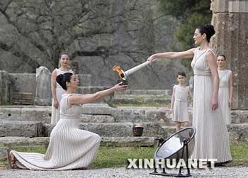 The Beijing Olympic flame was lit in Greece in a traditional sun-ray ceremony on March 24th at the Temple of Hera in ancient Olympia.