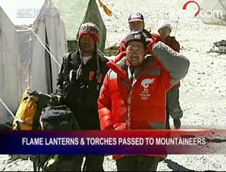After the flame arrived the base camp four days ago, all of the torches and lanterns were passed to Chinese mountaineers, who will take them to the world's highest peak in May when weather permits.