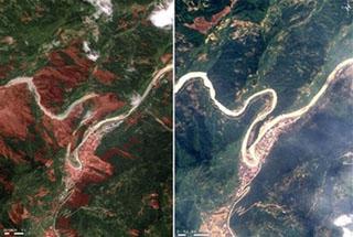 This handout satellite image (L) taken by Taiwan's FORMOSAT-2 on Wednesday, May 14, 2008 and released on May 16, 2008, shows the areas (in brown) devastated by Monday's 7.8-magnitude earthquake in Beichuan County of southwest China's Sichuan province. The photo would compare the same areas in an image taken in 2006 (R). [Agencies]