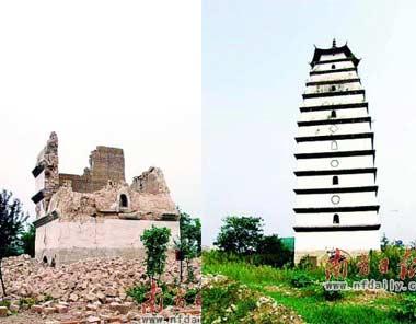 Cultural relic after quake (L) and before quake (R)