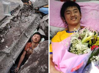This combined photo shows Liao Bo(L) receives emergent medical treatment under the ruins of Beichuan High School in the earthquake-affected Beichuan County, southwest China's Sichuan Province, on May 13, 2008 and he (R) who was transfered to Nantong Hospital in Chongqing Municipality in southwest China on May 18, holds flowers in the hospital, May 24, 2008. Liao Bo, who loses his left crus during the quake, celebrated his 17th birthday in the hospital on Saturday.(Xinhua Photo)