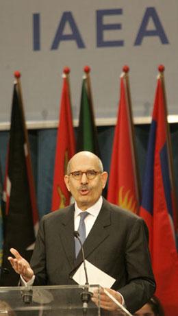 International Atomic Energy Agency Mohamed ElBaradei makes a speech during a celebration ceremony at Vienna's UN headquarters April 25, 2008. (Xinhua/Reuters Photo)