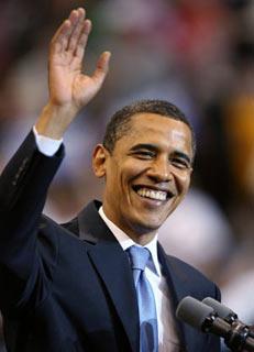 U.S. Democratic presidential candidate Senator Barack Obama (D-IL) waves at the start of his speech at his South Dakota and Montana presidential primary election night rally at the Xcel Energy Center in St. Paul, Minnesota, June 3, 2008.   (Xinhua/Reuters Photo)