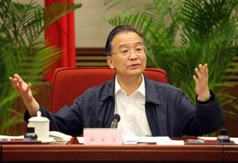 Chinese Premier Wen Jiabao speaks during the quake relief meeting in Beijing on Monday, June 9, 2008. He stressed that the medical treatment and epidemic prevention tasks in the quake regions were still tough and no relaxation would be allowed. (Xinhua Photo)