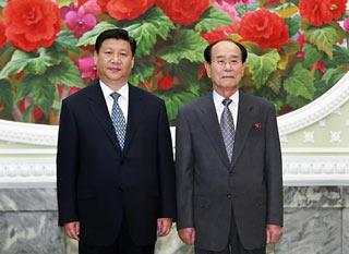 Visiting Chinese Vice President Xi Jinping (L) meets with Kim Yong Nam, president of the Presidium of the Supreme People's Assembly of the Democratic People's Republic of Korea (DPRK), in Pyongyang, capital of DPRK, June 17, 2008. (Xinhua/Pang Xinglei)