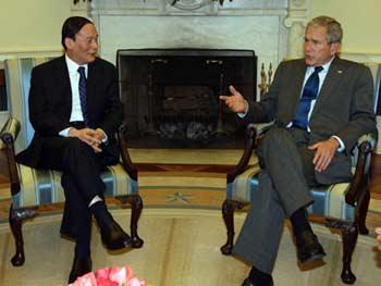 U.S. President George W. Bush (R) meets with Chinese Vice Premier Wang Qishan in the White House, June 18, 2008.  Bush applauded the results of the fourth Sino-U.S. Strategic Economic Dialogue (SED) that concluded earlier in the day.(Xinhua Photo)