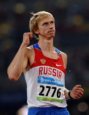 Andrey Silnov of Russia celebrates during the men's high jump final at the National Stadium, also known as the Bird's Nest, during Beijing 2008 Olympic Games in Beijing, China, Aug. 19, 2008. Andrey Silnov won the gold.(Xinhua Photo)