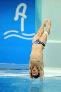 He Chong of China dives into the water during the Men's 3m Springboard Final of Beijing 2008 Olympic Games diving event in Beijing, China, Aug. 18, 2008. He Chong won gold of the event. (Xinhua/Zhao Peng)