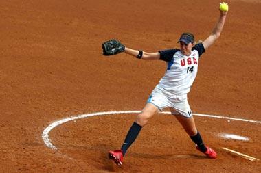 Monica Abbott (No. 14) of the United States throws a pitch. 