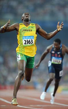 Usain Bolt of Jamaica jubilates after the men's 200m final at the National Stadium, also known as the Bird's Nest, during Beijing 2008 Olympic Games in Beijing, China, Aug. 20, 2008. Usain Bolt of Jamaica won the title with 19.30 seconds and set a new world record. (Xinhua/Guo Dayue)