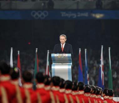 International Olympic Committee (IOC) President Jacques Rogge delivers a speech at the Beijing 2008 Olympic Games closing ceremony in the National Stadium, or the Bird's Nest, in Beijing, China, on Aug. 24, 2008. (Xinhua Photo)