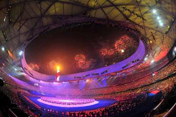 Fireworks are displayed during the opening ceremony of the Beijing 2008 Paralympic Games in the National Stadium, also known as the Bird’s Nest, in Beijing, China, Sept. 6, 2008. (Xinhua/Du Huaju)
