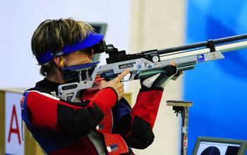Veronika Vadovicova of Slovakia competes at the women's R2-10m air rifle standing SH1 final of shooting event in Beijing 2008 Paralympic Games in Beijing, Sept. 7, 2008. Veronika Vadovicova got a total score of 494.8 and won the first gold medal of Beijing 2008 Paralympic Games.(Xinhua Photo)