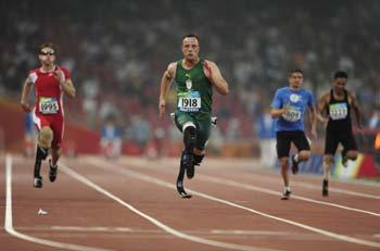 Oscar Pistorius of South Africa powers his way to win the men's 100m T44 heat during the 2008 Beijing Paralympic Games at the National Stadium in the Chinese capital on September 8, 2008. [Agencies]