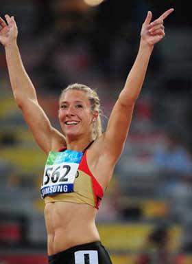 Germany's Green celebrates after the final of women's 200m T44 of the Beijing 2008 Paralympic Games, at the National Stadium, also known as the Bird's Nest, in Beijing, China, Sept. 9, 2008. Green claimed the title of the event with a time of 28.02 seconds. (Xinhua/Li Ga)