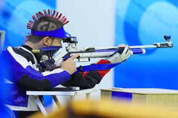Matt Skelhon of Great Britain claimed the title of the Mixed R3-10m Air Rifle Prone SH1 with a total of 704.9 points in the Beijing 2008 Paralympic Games in Beijing, China, on Thursday, September 11, 2008.