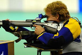 Jonas Jacobsson competes during the final of the mixed R6-50m free rifle prone SH1 event of the shooting at the Beijing 2008 Paralympic Games in Beijing, China, Sept. 12, 2008. Jacobsson claimed the title of the event with a total result of 695.8 points. It was his third gold medal in the Beijing Paralympics, and also the 16th one of his Paralympics. (Xinhua/Ren Yong) 