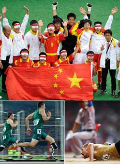 (Upper) Members of China's women team pose for a group photo after defeating Spain in a preliminary match of the Football 5-a-side event Sept. 13, 2008.(Lower Left) Oscar Pistorius of South Africa (L) competes in the Men's 200m T44 final of the Beijing Paralympic Athletics event Sept. 13, 2008.(Lower Right) Wojtek Czyz of Germany competes in the Men's Long Jump F42/44 final of the Beijing Paralympic Athletics event Sept. 16, 2008. (Xinhua Photo)