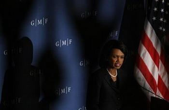 Secretary of State Condoleezza Rice delivers a policy speech on US-Russia relations, Thursday, Sept. 18, 2008, to the German Marshall Fund in Washington.(AP Photo/Gerald Herbert)