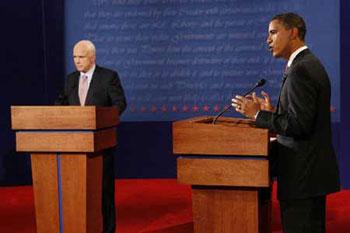 Republican presidential nominee Senator John McCain (L) and Democratic presidential nominee Senator Barack Obama participate in the first U.S. presidential debate at the University of Mississippi in Oxford, Mississippi, September 26, 2008. (Xinhua/Reuters Photo)