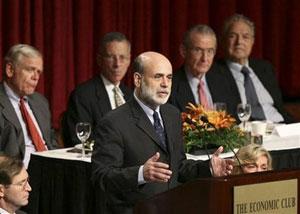 Federal Reserve Chairman Ben Bernanke speaks at the Economic Club of New York Wednesday, Oct. 15, 2008.(AP Photo/Mark Lennihan)