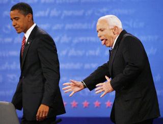 U.S. Republican presidential nominee Senator John McCain (R-AZ) reacts to almost heading the wrong way off the stage after shaking hands with Democratic presidential nominee Senator Barack Obama (D-IL) at the conclusion of the final presidential debate at Hofstra University in Hempstead, New York, Oct. 15, 2008.(Xinhua/Reuters Photo)
