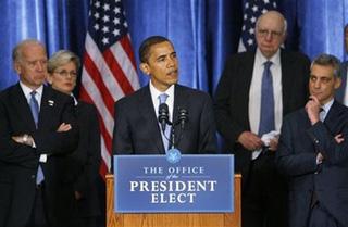 President-elect Obama makes an opening statement on the economy during a press conference in Chicago, Friday, Nov. 7, 2008. Standing behind Obama are (L-R) Vice President-elect Biden, Michigan Governor Jennifer Granholm, Former FED Chairman Paul Volcker and newly appointed Chief of Staff Rahm Emanuel.(AP Photo/Charles Dharapak)