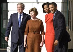 L-R: U.S. President George W. Bush, First Lady Laura Bush, Michelle Obama and president-elect Barack Obama stand outside the Diplomatic entrance of the White House in Washington. Obama, gearing up for his historic January 20 swearing-in, held his first face-to-face talks with Bush on Monday and got his first look at the Oval Office.(Xinhua/Reuters Photo)