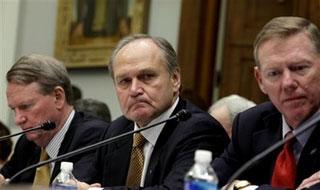 Auto industry executives, from left, General Motors Chief Executive Officer Richard Wagoner; Chrysler Chief Executive Officer Robert Nardelli; and Ford Chief Executive Officer Alan Mulally, testify on Capitol Hill in Washington, Wednesday, Nov. 19, 2008, before a House Financial Services Committee hearing on the state of the auto industry.(AP Photo/Evan Vucci)