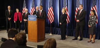 President-elect Barack Obama takes questions from reporters during a news conference in Chicago, Monday, Dec. 1, 2008, with, from left to right: Attorney General-designate Eric Holder; Homeland Security Secretary-designate Janet Napolitano; Defense Secretary Robert Gates; Vice President-elect Joe Biden; Secretary of State-designate Sen. Hillary Rodham Clinton, D-N.Y.; National Security Adviser-designate Ret. Marine Gen. James Jones; and United Nations Ambassador-designate Susan Rice.(Xinhua/Reuters Photo)