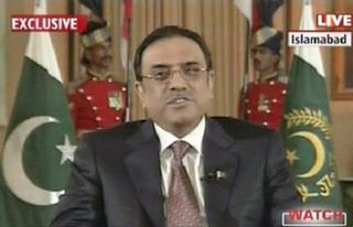 This television frame grab shows Pakistani President Asif Ali Zardari in Islamabad, teleconferencing to an audience in New Delhi on November 22.(AFP/HO)