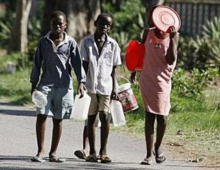 Children go to fetch water at a plant in the Zimbabwean capital, Harare, on December 1, 2008.(AFP/File/Desmond Kwande)