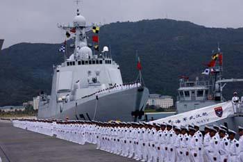 A ceremony is held before a Chinese naval fleet sets sail from a port in Sanya city of China's southernmost island province of Hainan on Dec. 26, 2008. The Chinese naval fleet including two destroyers and a supply ship from the South China Sea Fleet set off on Friday for waters off Somalia for an escort mission against piracy.(Xinhua/Zha Chunming) 
