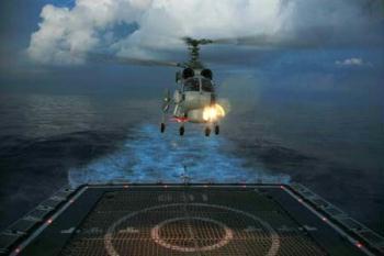 A helicopter of the Chinese naval fleet attends a landing exercise at night on Dec. 28, 2008, while the Chinese naval fleet heads for the Gulf of Aden. The Chinese naval fleet including two destroyers and a supply ship set off on Dec. 26 for waters off Somalia for an escort mission against piracy.(Xinhua Photo)