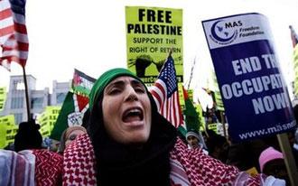 Demonstrators protest against the continuing Israeli offensive in Gaza, Friday, Jan. 2, 2009, in Washington.(AP Photo/Haraz N. Ghanbari)