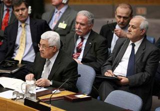 Mahmoud Abbas (front), president of the Palestinian Authority, addresses the Security Council during the meeting on Gaza crisis at the UN headquarters in New York, the United States, Jan. 6, 2009. (Xinhua/Hou Jun)