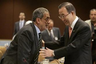Amr Moussa, left, Arab League Secretary-General, talks with U.N. Secretary-General Ban Ki-moon before the start of a meeting of Arab Foreign Ministers Committee on Palestine, Monday, Jan. 5, 2009 at United Nations headquarters. (AP Photo/Mary Altaffer)