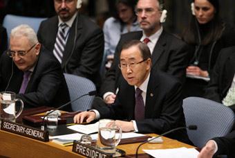 Secretary-General Ban Ki-moon (R, front) speaks after approval of the resolution calling for ceasefire between Israel and Hamas in Gaza during the United Nations Security Council meeting on Gaza crisis at the UN headquarters in New York, the United States, Jan. 8, 2009.(Xinhua/Hou Jun