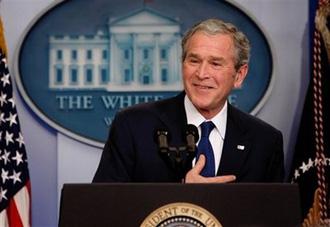 President George W. Bush speaks during a news conference, Monday, Jan. 12, 2009, at the White House in Washington. (AP Photo/Ron Edmonds)