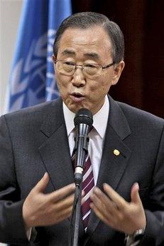 United Nations Secretary General Ban Ki-moon speaks during a joint press conference with Palestinian President Mahmoud Abbas, not seen, at Abbas' compound in the West Bank city of Ramallah, Friday, Jan. 16, 2009. The U.N. Secretary-General is in the Mideast to step up diplomatic efforts to get Israel and Hamas to adhere to a U.N. cease-fire resolution in the Gaza Strip and allow humanitarian aid into the devastated Palestinian territory.(AP Photo/Muhammed Muheisen)