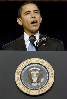 US President Barack Obama speaks from the Presidential podium on his first official day as president at the Eisenhower Executive Office Building in the White House complex in Washington, January 21, 2009. [Agencies]