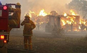 Country Fire Authority volunteers prepare to move to save another house as a barn burns in the background close to Labertouche, west of Melbourne. Troops and firefighters fought raging Australian wildfires on Monday that have left at least 126 people dead amid a landscape of charred bodies, homes and devastated communities.(AFP/William West)