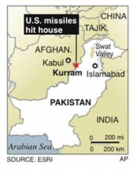 Map locates Kurram tribal region in Pakistan, where U.S. missiles killed dozens